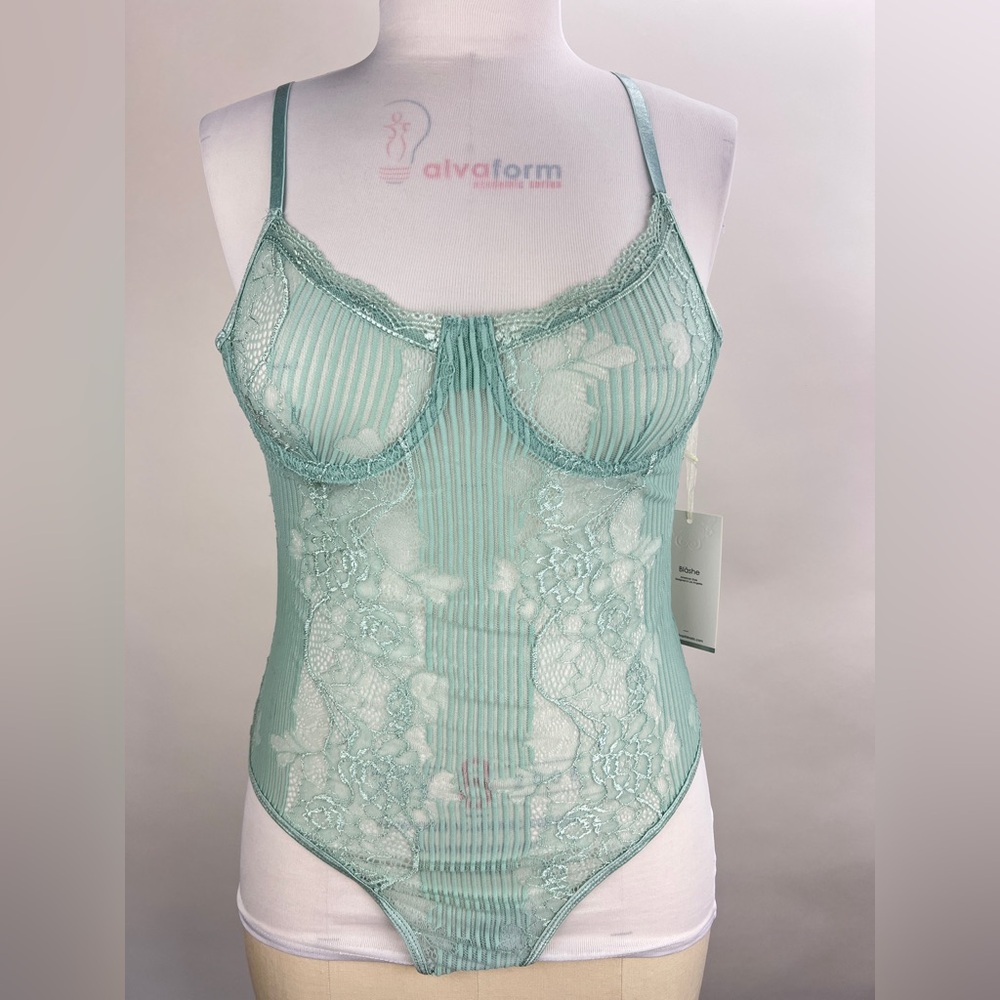 349B-MINT. Lace Bodysuit with Adjustable Straps
